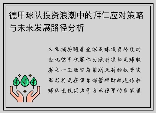 德甲球队投资浪潮中的拜仁应对策略与未来发展路径分析