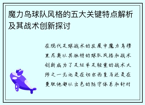 魔力鸟球队风格的五大关键特点解析及其战术创新探讨